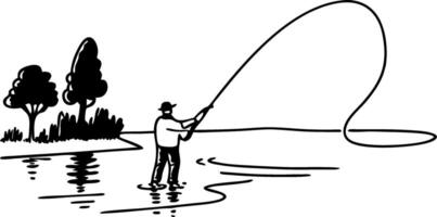 Fisherman Casting Line in Calm Lake Art for Outdoor Sports Design vector