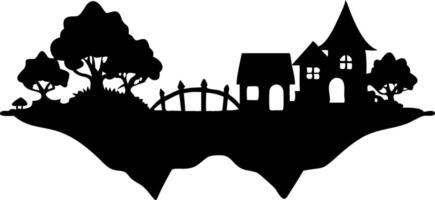Floating Island Silhouette with Trees Bridge and Houses for Fantasy Design vector