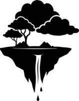 Floating Island with Clouds and Waterfall Silhouette for Tattoos and Illustrations vector