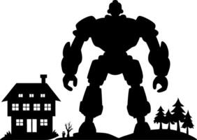 Giant Robot Silhouette Over Residential House and Trees for Illustration Design vector