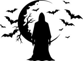 Grim Reaper Silhouette with Bats and Crescent Moon for Halloween Design vector