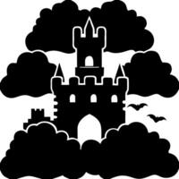 Haunted Castle Silhouette Surrounded by Clouds with Bats Flying Halloween Art vector