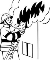 Heroic Firefighter Rescues Cat from Burning Building Art vector