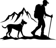 Hiker with Dog Silhouette Exploring Mountain Adventure Graphic for Outdoor Designs vector