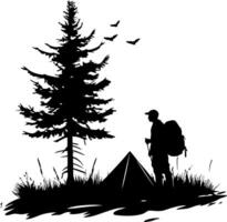 Hiking Silhouette with Backpacker Tent Pine Tree and Birds in Scenic Wilderness vector