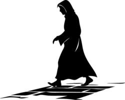 Hooded Figure Silhouette Walking on Cobblestone Path Illustration vector