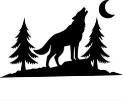 Howling Wolf Silhouette with Crescent Moon and Pine Trees Art vector
