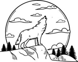Howling Wolf on Mountain with Forest Sky for Tattoos and Nature Lovers vector