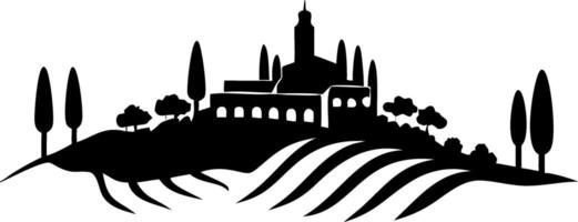 Idyllic Hillside Silhouette with Trees and Buildings for Art and Design vector