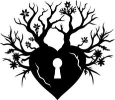 Intricate Heart Tree Silhouette with Keyhole for Tattoos and Art Projects vector