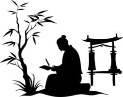 Japanese Samurai Silhouette Writing Under Bamboo Tree with Torii Gate Art vector