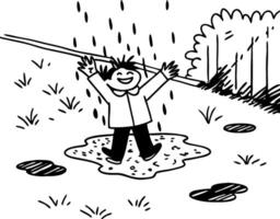 Joyful Child Playing in Rain Puddle Illustration for Coloring Book and Art Design vector
