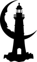 Lighthouse Silhouette with Crescent Moon for Nautical Tattoo and Art Design vector