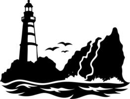 Lighthouse Coastal Cliff Silhouette with Birds Art for Nautical Designs vector