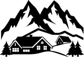 Majestic Mountain Range with Alpine Cabin and Pine Trees vector