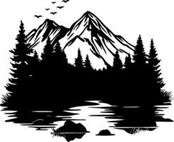 Majestic Mountain Silhouette with Pine Trees and Birds for Nature Art and Tattoo Design vector