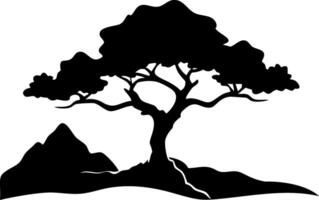 Majestic Tree Silhouette with Mountain Landscape Design for Artwork and Decor vector