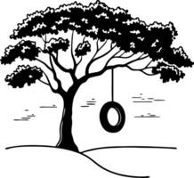 Majestic Tree with Tire Swing Silhouette Ideal for Tattoos and Coloring Books vector