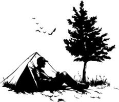 Man Relaxing by Tent Under Tree in Nature Illustration for Outdoor Adventure vector
