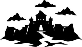 Medieval Castle Silhouette with Mountains and Clouds Art for Illustrations vector