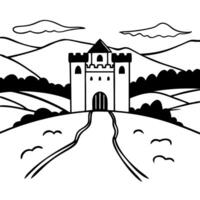 Medieval Castle Silhouette on Rolling Hills Ideal for Art and Coloring vector