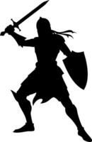 Medieval Knight Silhouette with Sword and Shield for Tattoos and Graphic Design vector