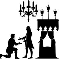 Medieval Royalty Silhouette Scene with Chandelier and Throne Room vector
