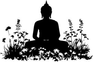 Meditating Buddha Silhouette in Nature with Wildflowers Artwork vector