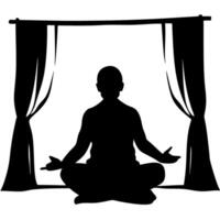 Meditation Silhouette Man Sitting Cross-Legged by Window Curtains Illustration vector