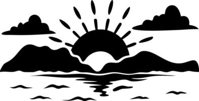Minimalist Sunset Over Ocean with Mountains and Clouds Art for Tattoos and Decor vector