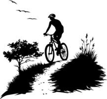 Mountain Biker Silhouette on Scenic Trail with Birds and Trees for Outdoor Design vector