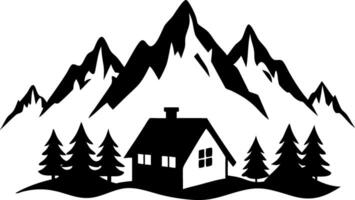 Mountain Cabin Silhouette with Pines and Peaks for Nature Art and Design vector
