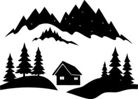 Mountain Cabin Silhouette with Pine Trees and Starry Sky Ideal for Tattoos and Graphic Projects vector