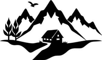 Mountain Cabin Silhouette with Trees and Bird Art for Illustrations and Decor vector