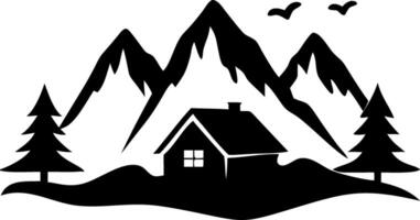 Mountain Cabin Silhouette with Pine Trees and Birds for Nature-Themed Designs vector
