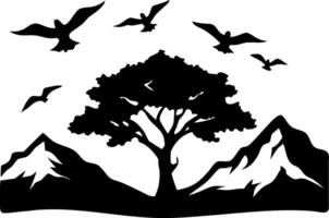 Mountain Landscape Silhouette with Birds Flying and Tree for Nature Art and Design vector