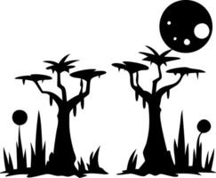 Mysterious Alien Landscape Art with Surreal Trees and Moon for Tattoos and Designs vector