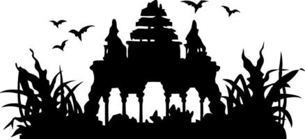 Mysterious Ancient Temple Silhouette with Birds and Vegetation Art vector