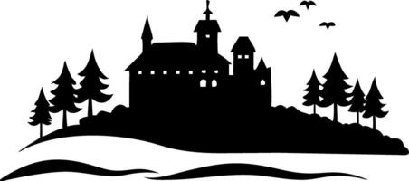 Mysterious Castle Silhouette with Trees and Birds for Graphic Design vector