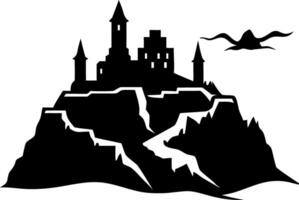 Mysterious Castle Silhouette on Mountain with Flying Bird vector