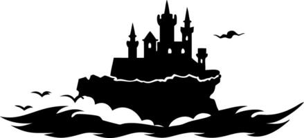 Mysterious Castle Silhouette on Cliff with Ocean Waves Art for Fantasy Themes vector