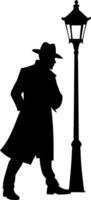 Mysterious Detective Silhouette by Streetlamp for Noir Art and Design vector