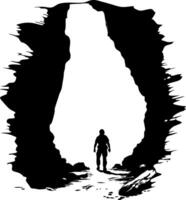 Mysterious Cave Entrance with Silhouette of Adventurous Explorer vector