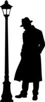 Mysterious Detective Silhouette Under Vintage Lamp for Noir Art and Design vector