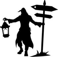 Mysterious Lantern Bearer with Directional Signs Silhouette for Illustrations vector