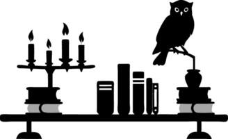 Mysterious Owl Silhouette on Bookshelf with Candles Perfect for Gothic Decor vector