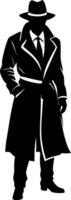 Mysterious Silhouette of Man in Trench Coat and Hat for Noir Design Use vector