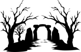 Mysterious Silhouette of Haunted Forest with Ancient Stone Gateway vector
