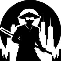 Mysterious Samurai Silhouette with Katana in Urban Skyline Backdrop vector
