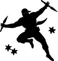 Ninja Silhouette Jumping with Daggers and Shurikens for Art and Design vector